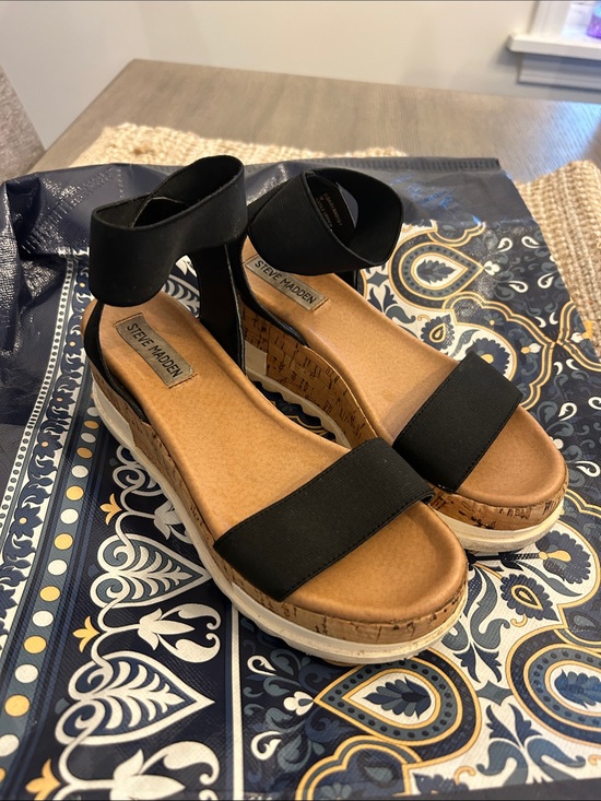 Steve Madden Shoes - Steve Madden Black Elastic Strap Cork-Platform Wedges